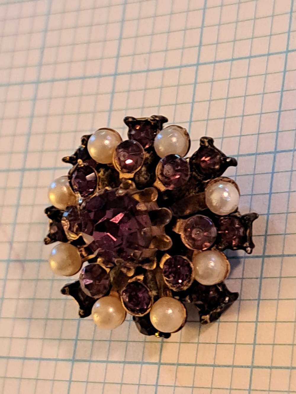 Vintage Faux Purple Crystal and Pearl Cluster Brooch Pin - Women Jewelry